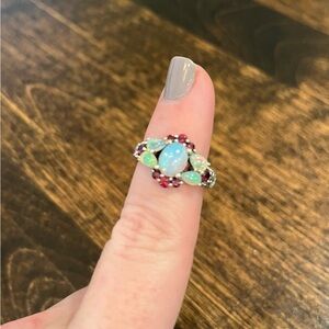Elegant Silver Opal and Garnet Gemstone Ring - size 7